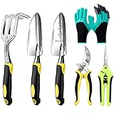 Garden Tools Set - 6 Piece Cast-Aluminum Heavy Duty Gardening Hand Tool Kit Includes Hand Trowel, Hand Rake, Transplanter, Pruner, Pruning Shears, Gardening Gloves with Sturdy Handles, Garden Gifts photo / $16.99