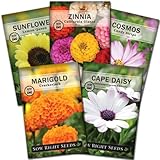 Sow Right Seeds - Flower Seed Garden Collection for Planting - 5 Packets Includes Marigold, Zinnia, Sunflower, Cape Daisy, and Cosmos - Wonderful Gardening Gift photo / $10.99 ($2.20 / Count)