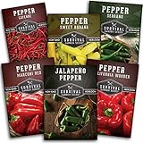 Survival Garden Seeds Six Peppers Collection - Cayenne, Jalapeño, Serrano, California Wonder, Marconi Red, & Sweet Banana Peppers - Sweet & Hot Varieties - Non-GMO Heirloom Vegetable Seed Vault photo / $11.99